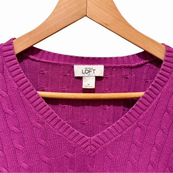 LOFT Women's V-Neck Cable Knit Sweater in Pink Plum - Picture 2 of 8